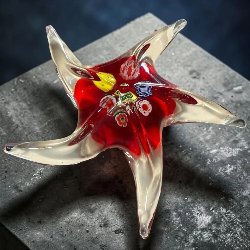 Vintage Murano Millefiori Art Glass Starfish Paperweight Hand Blown Red
